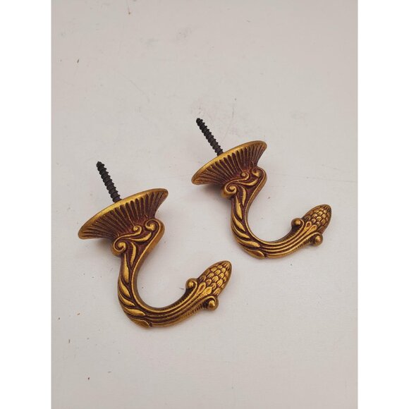 Pair of 2 Vintage Gold solid brass Hook Or Curtain Tie Back Wall Mounted Hook - Picture 6 of 10